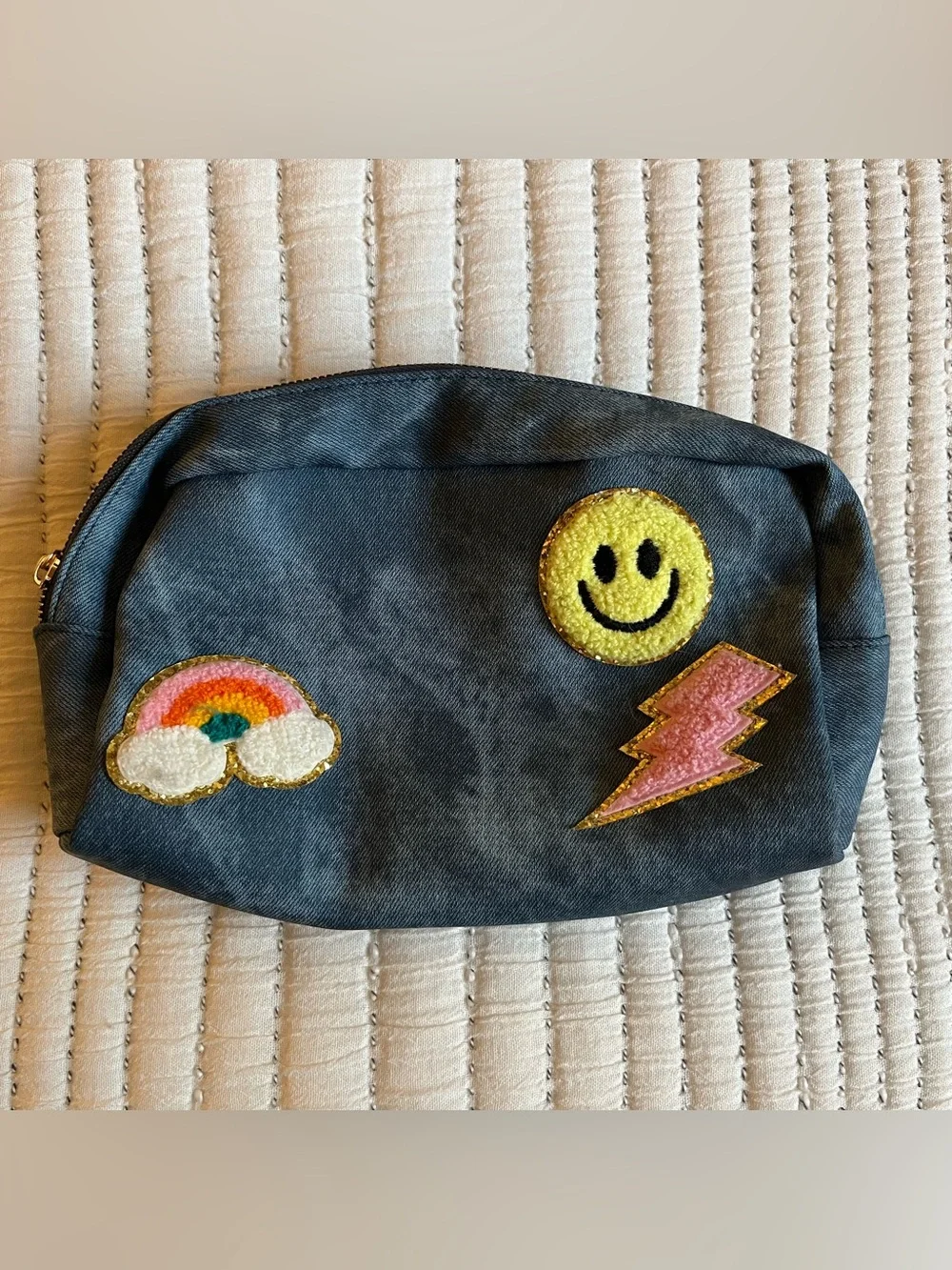Kids Blue Accessory Pouch with Yellow Smile Patch and Pink Lightning